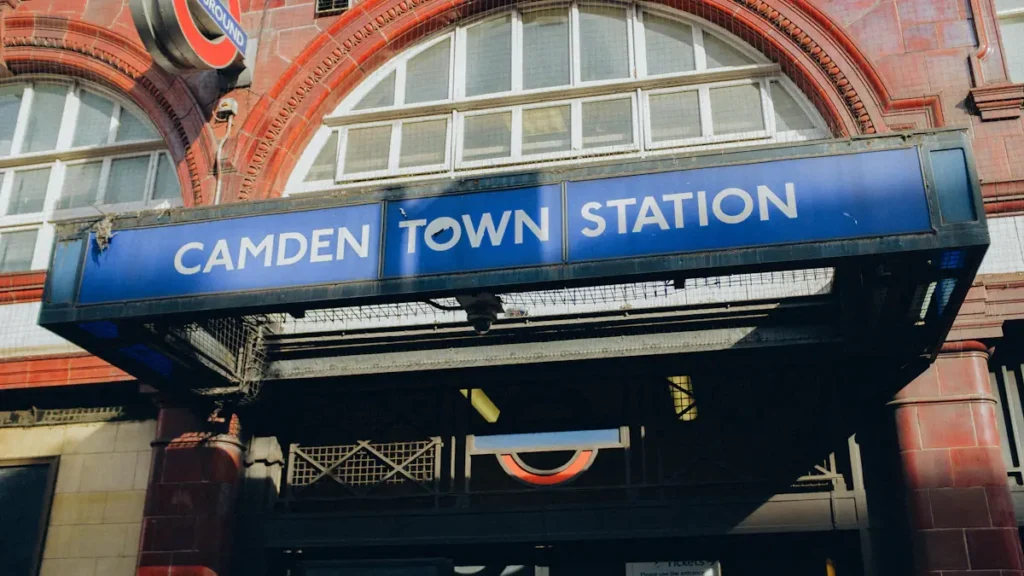 The iconic signage of Camden Town Underground station in North London, England.