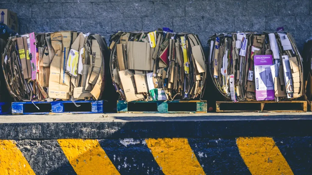 Bundles of compacted cardboard waste stacked on wooden pallets in an industrial loading bay.