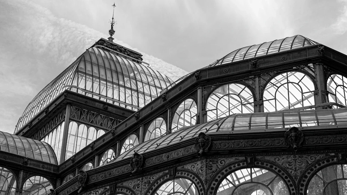 Black and white view of a historic London building exterior with many windows.