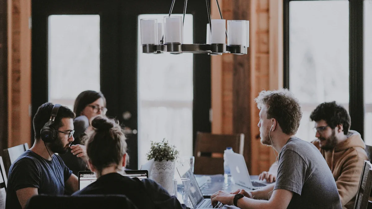 A professional team collaborating in a bright modern office setting in the UK.