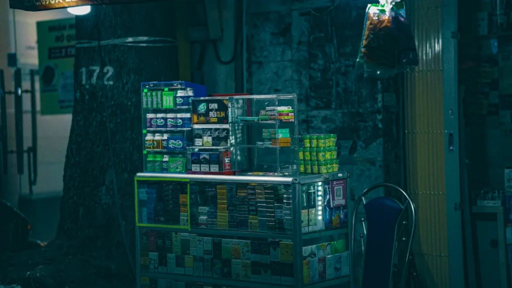 A small illuminated cigarette kiosk stall at night on a city street.