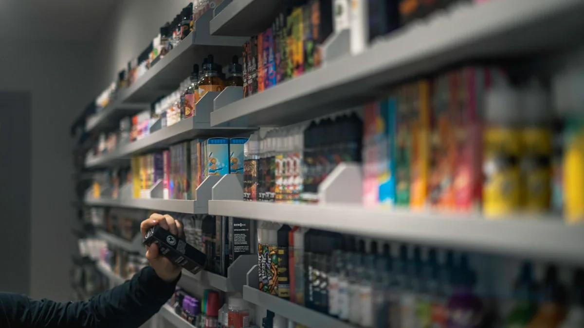 Close-up of a hand selecting a vape product from a retail store shelf.