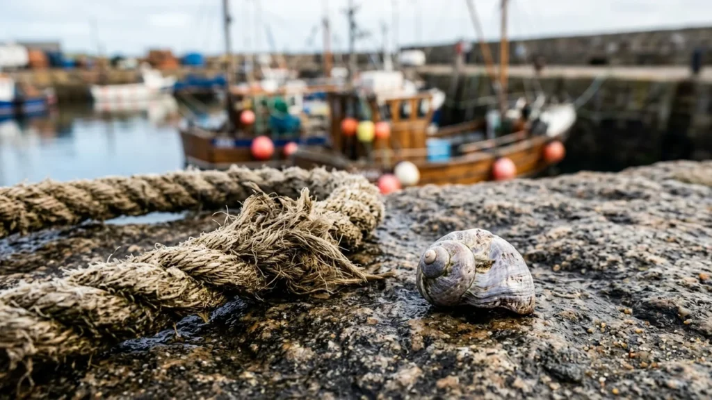 A weathered seashell sits on a stone pier beside thick, frayed nautical rope.
