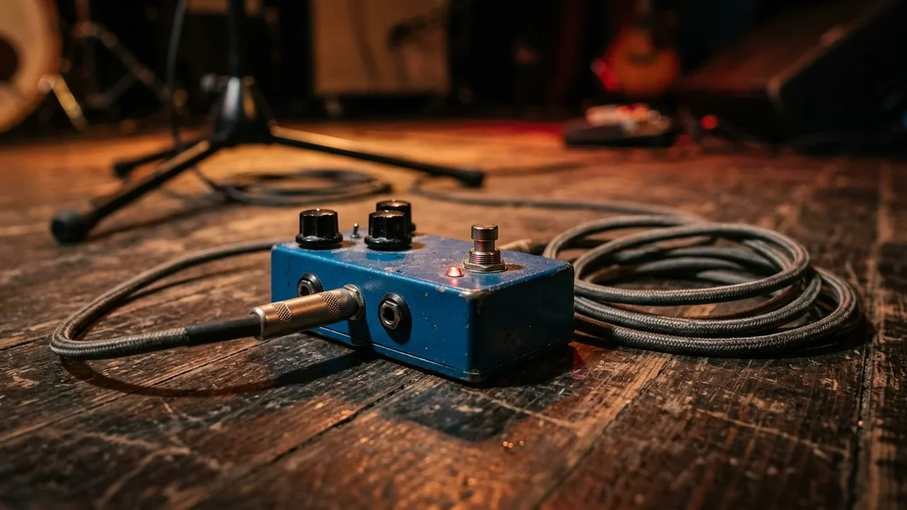 A worn blue guitar effects pedal sits on a dark wooden stage floor.
