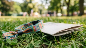 A colorful woven festival wristband and a folded paper program lying on green grass.