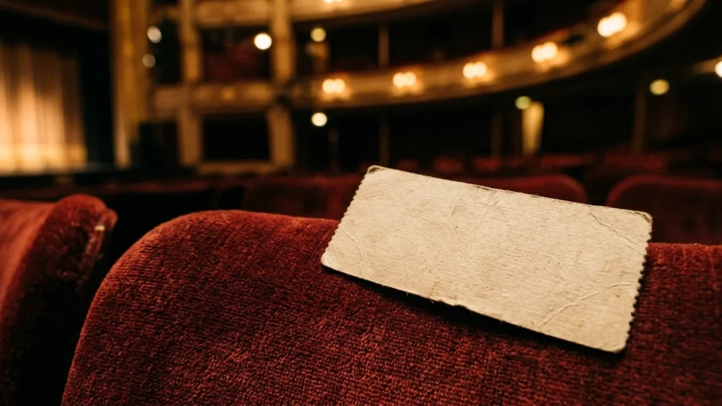 A blank rectangular paper ticket rests on a red velvet theater seat.