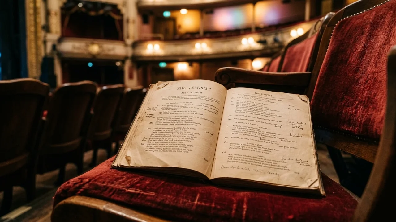 An open copy of Shakespeare's The Tempest rests on a red velvet theater seat.