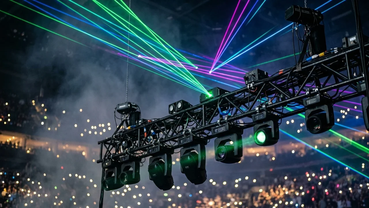 A metal stage lighting rig projecting vibrant blue and green laser beams above spectators.