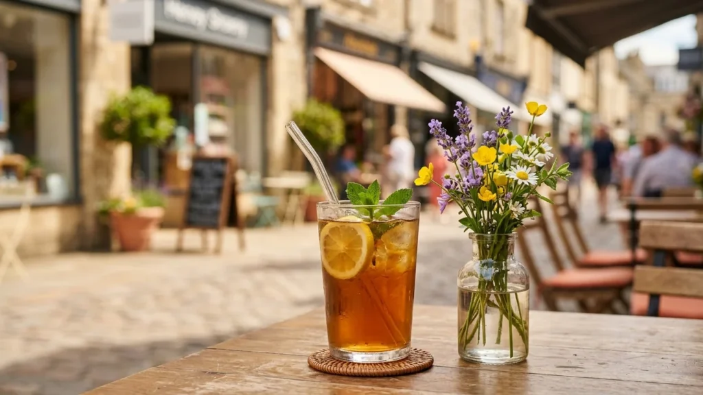 An iced tea with lemon and mint next to flowers on a cafe table.