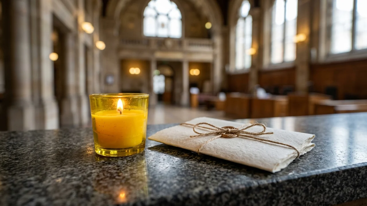 A lit yellow candle next to a tied paper envelope on a marble surface.