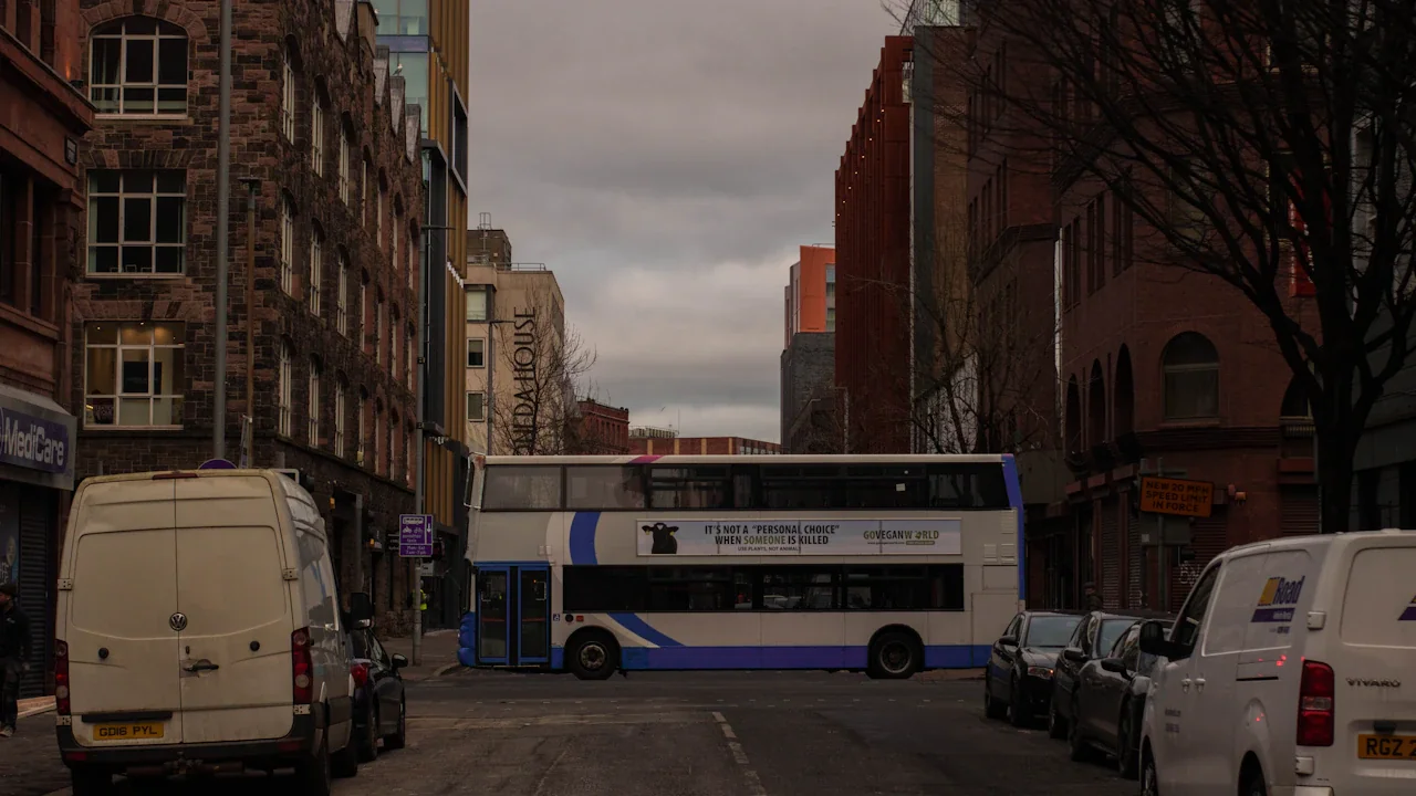 A double-decker bus travels along a busy Belfast city street during the day.