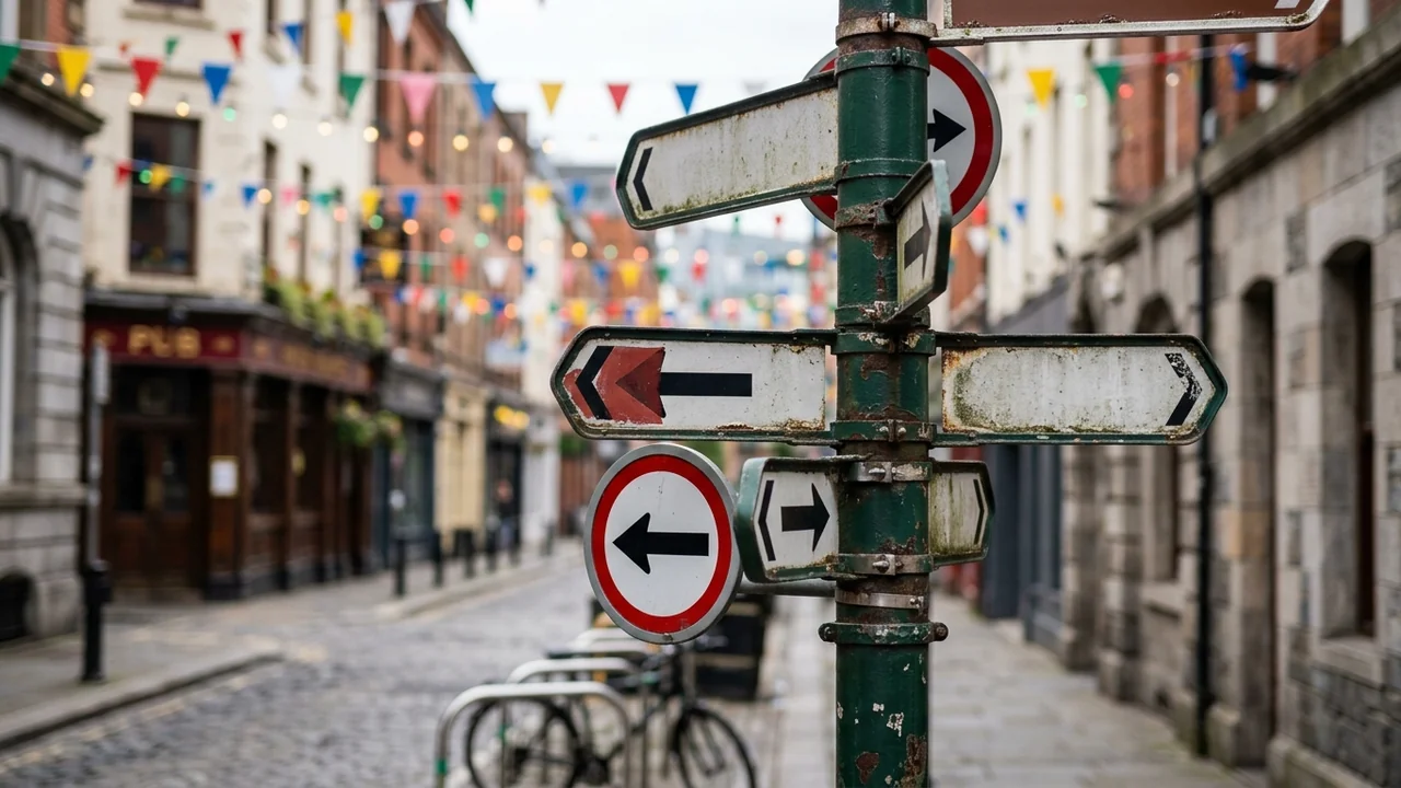 A weathered metal signpost with multiple blank directional arrows standing on a cobblestone street.