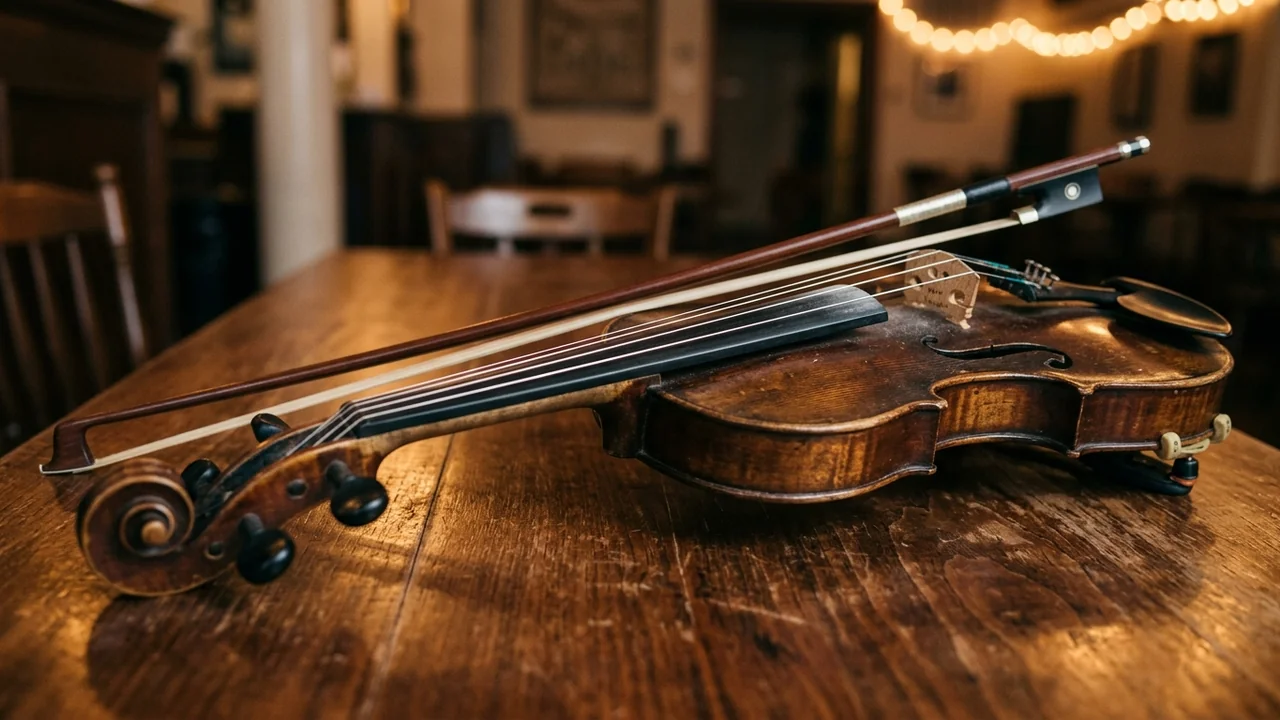 An antique wooden violin and its bow resting on a rustic wooden table indoors.