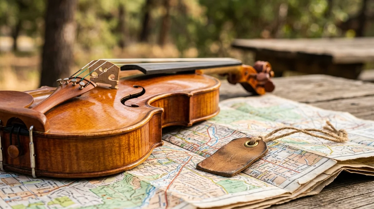 A wooden violin resting on a vintage map with a blank leather tag.