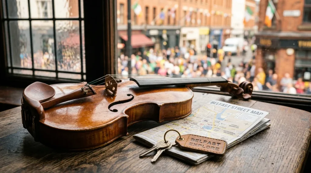 A wooden violin and a Belfast map with keys sit on a pub table.