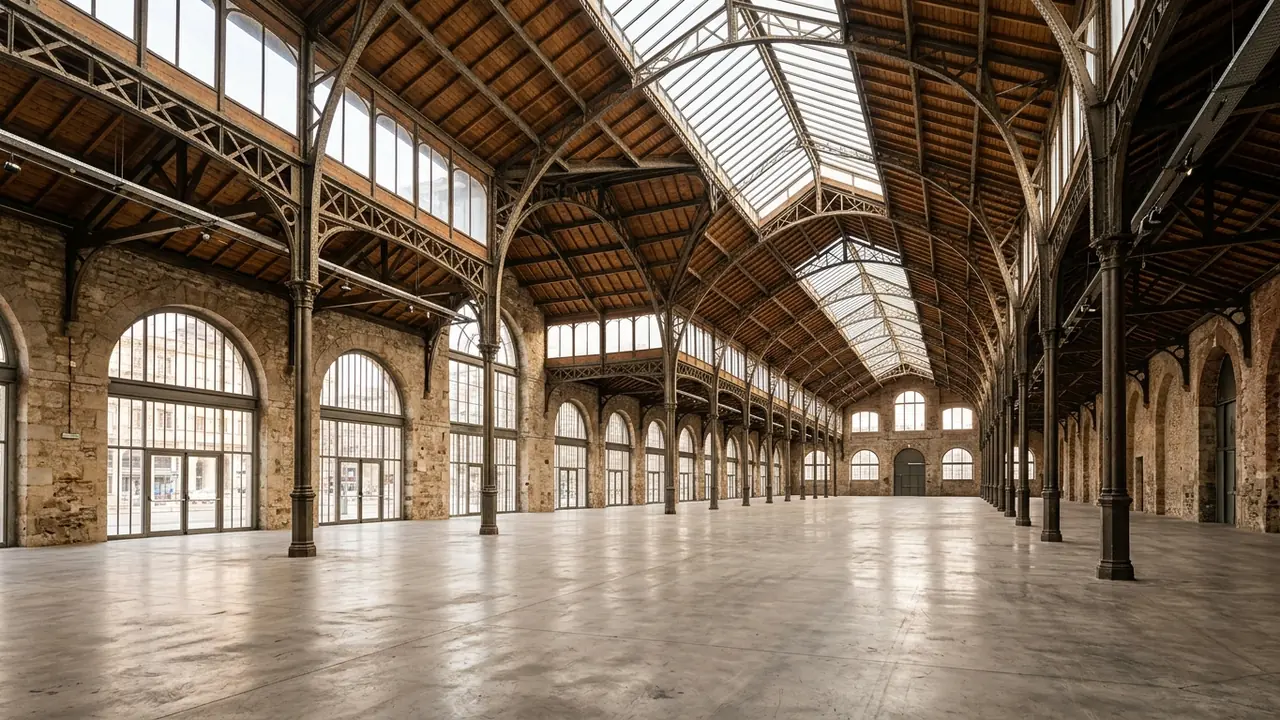 A vast, empty industrial hall featuring high vaulted ceilings, iron columns, and large arched windows.