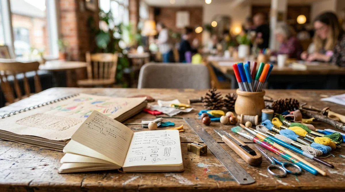 A wooden table cluttered with art supplies, notebooks, colorful embroidery threads, and sketching tools.