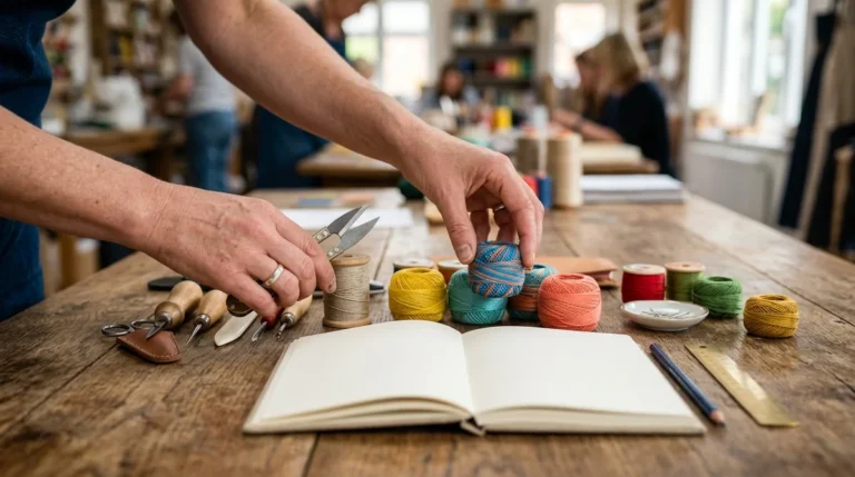 Close up of hands arranging colorful thread spools on a wooden crafting table.