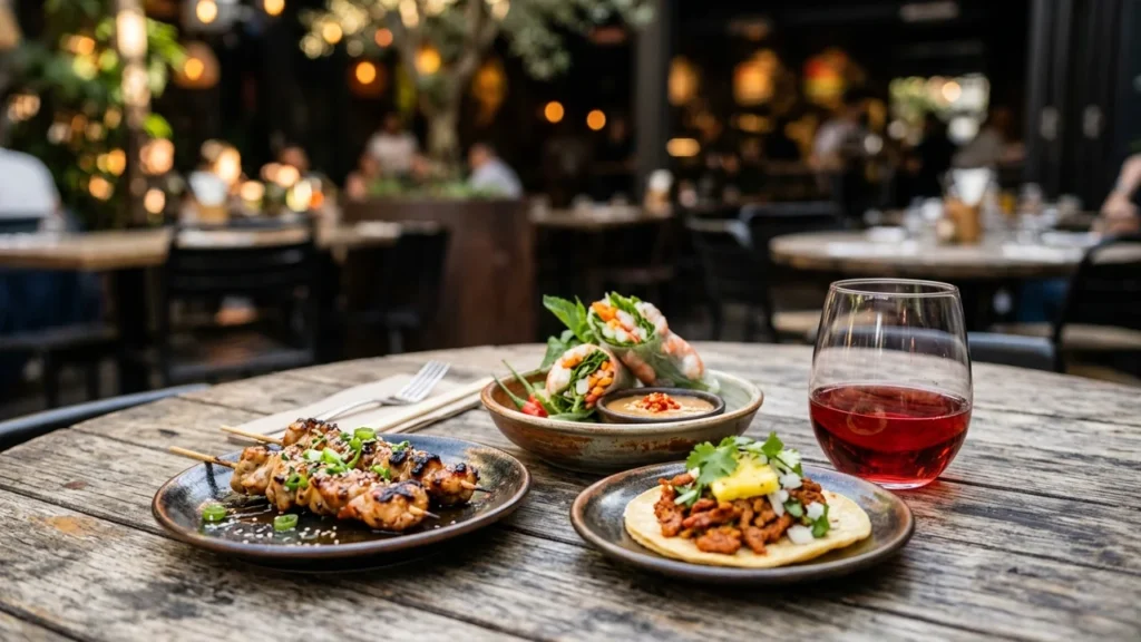 A rustic wooden table holding skewers, spring rolls, a taco, and red wine.