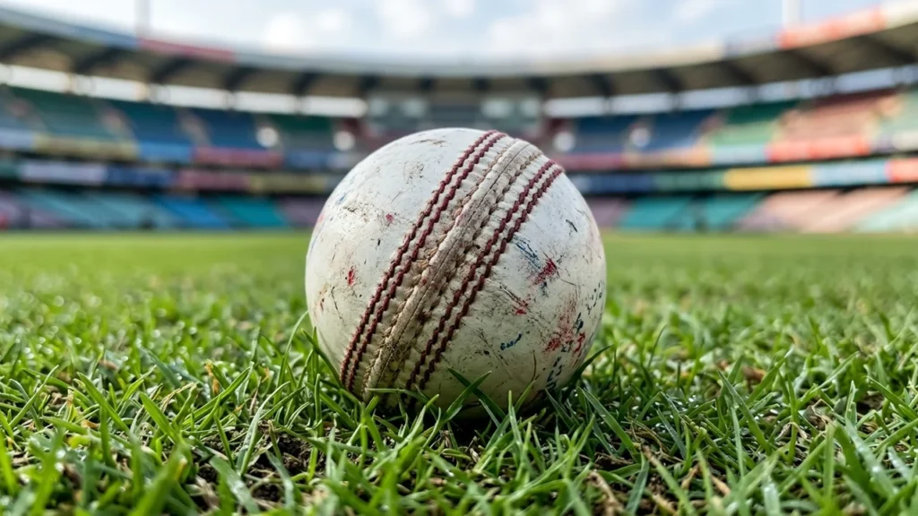 A worn white leather cricket ball resting on green stadium grass, background blurred.