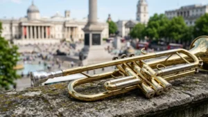 A brass trumpet resting on a stone ledge overlooking a crowded London square.