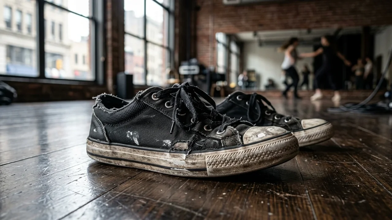 A pair of worn-out black sneakers resting on a dark wooden dance studio floor.