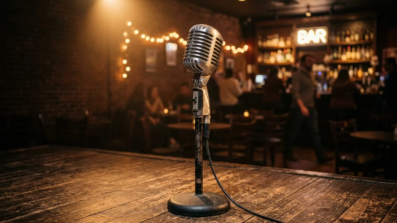 A vintage silver microphone stands on a wooden stage in a dimly lit bar.