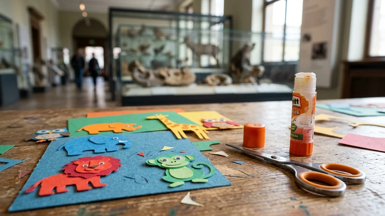 Colorful paper animal cutouts, glue stick, and scissors resting on a wooden museum table.