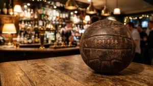 An antique, brown leather soccer ball resting on a wooden pub table indoors.