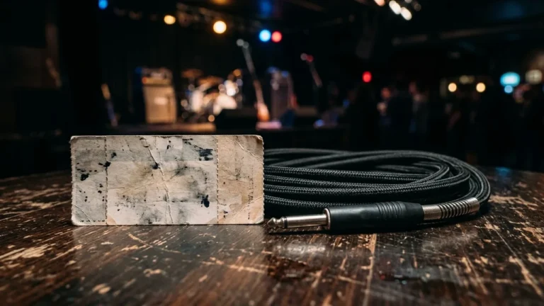 A worn paper ticket and a black audio cable resting on a wooden table.