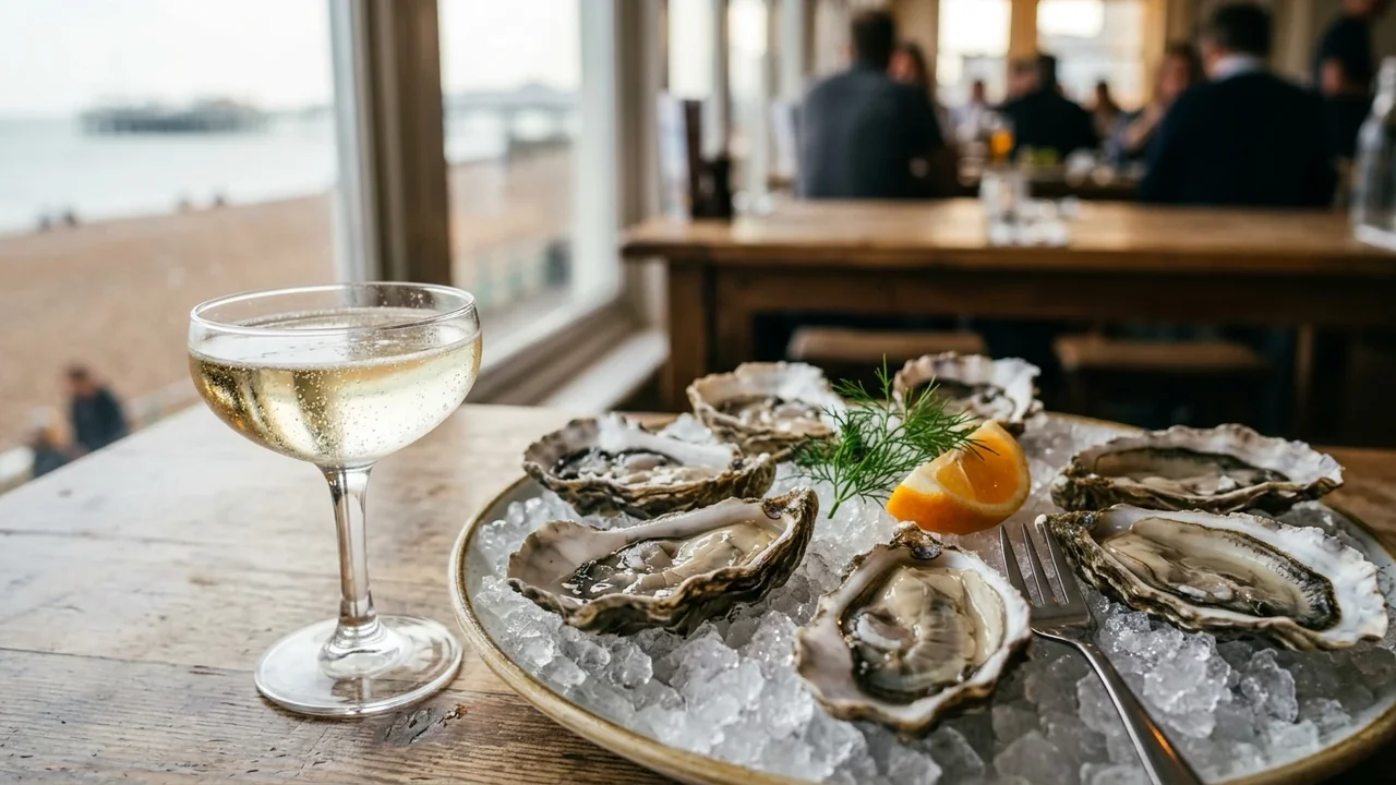 A platter of raw oysters on ice with champagne overlooking a coastal beach restaurant.