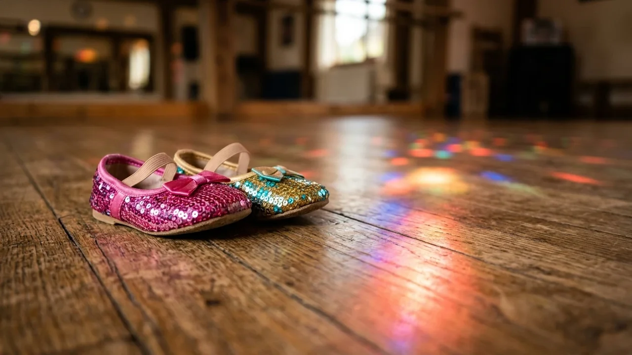 A pair of glittery pink and gold children's dance shoes on a wooden floor.