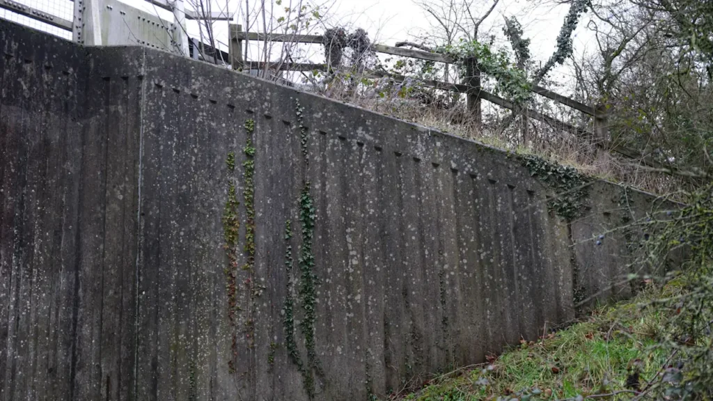 Textured concrete retaining wall with overgrown vegetation in a rural English landscape.
