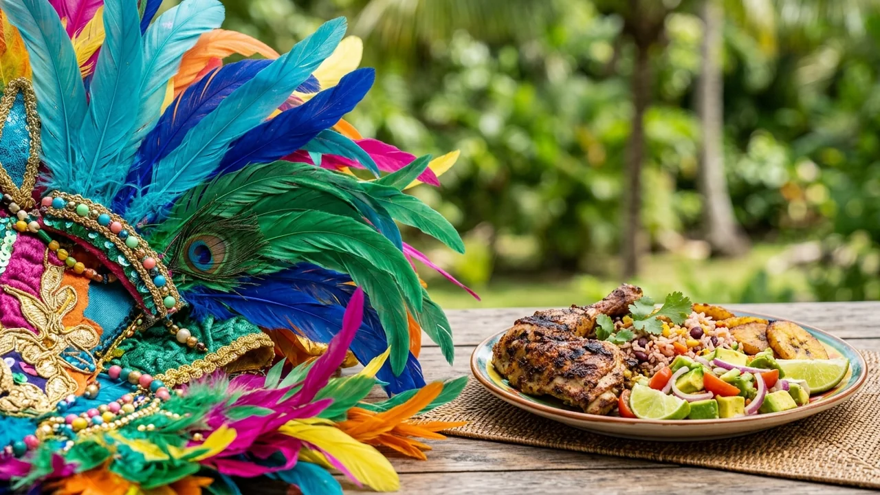 A vibrant carnival headdress next to a plate of grilled chicken and rice outdoors.