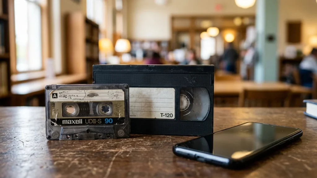 A Maxell cassette tape, a VHS video tape, and a modern smartphone on table.
