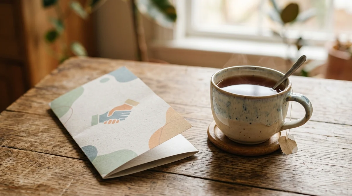 A folded greeting card with a handshake icon next to a steaming tea cup.