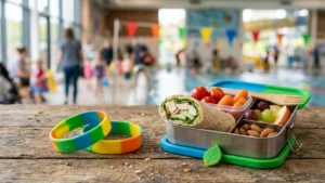 A metal lunchbox containing a chicken wrap, vegetables, fruit, and nuts sits poolside.