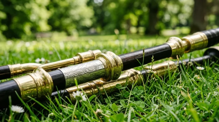Close-up of polished brass and black wooden bagpipe parts resting in green grass.