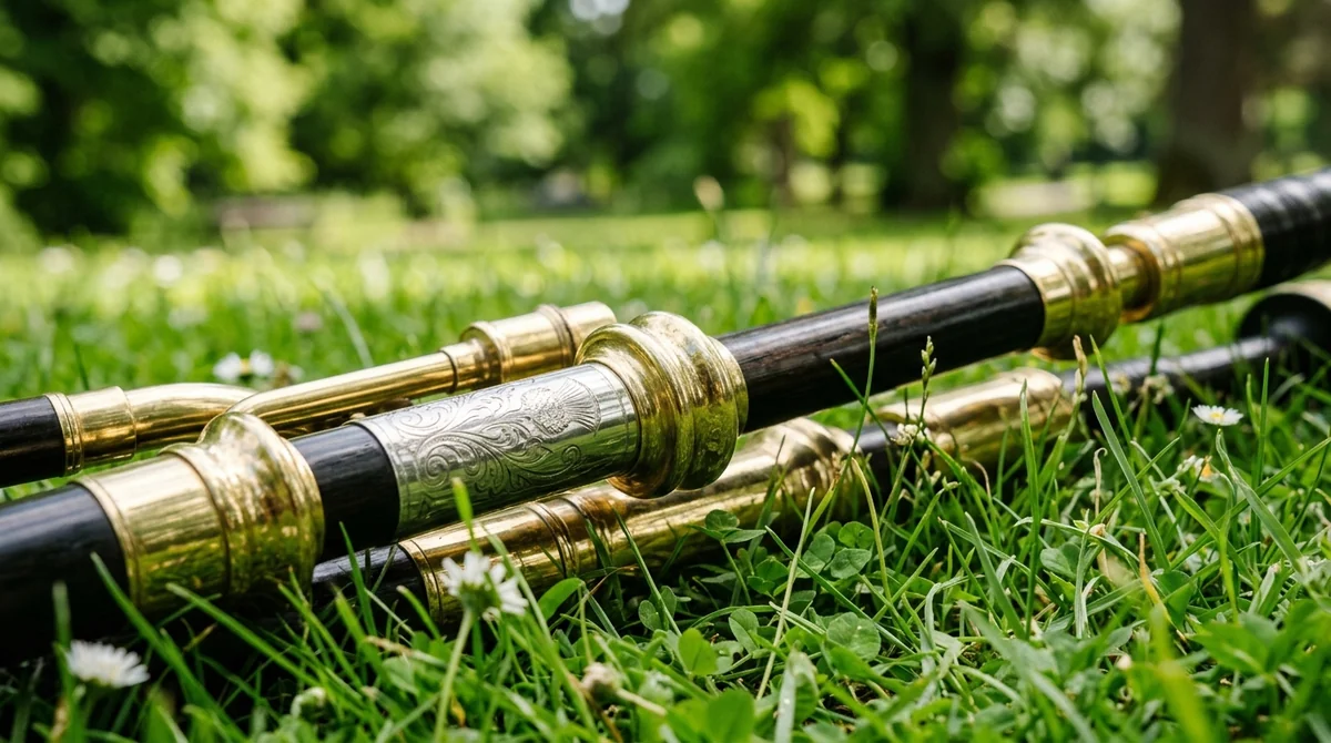 Close-up of polished brass and black wooden bagpipe parts resting in green grass.