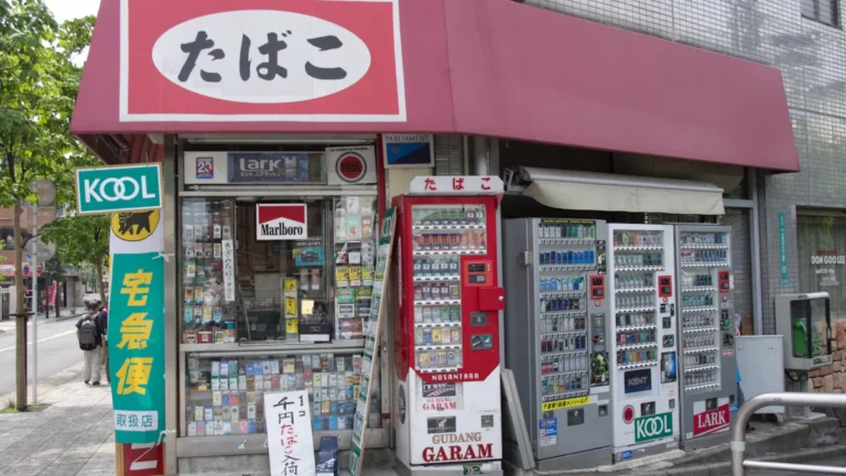 A small Japanese convenience store with cigarette vending machines on a city sidewalk.