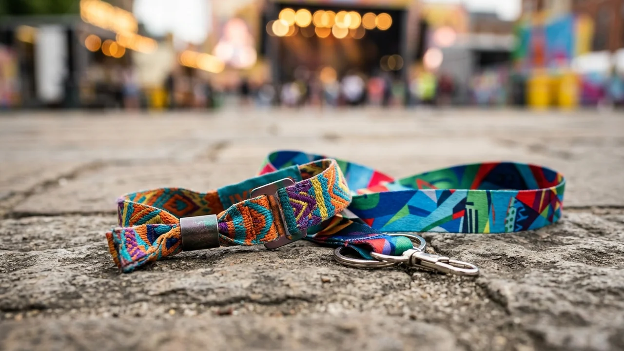 A colorful patterned fabric festival wristband and lanyard resting on a textured stone ground.