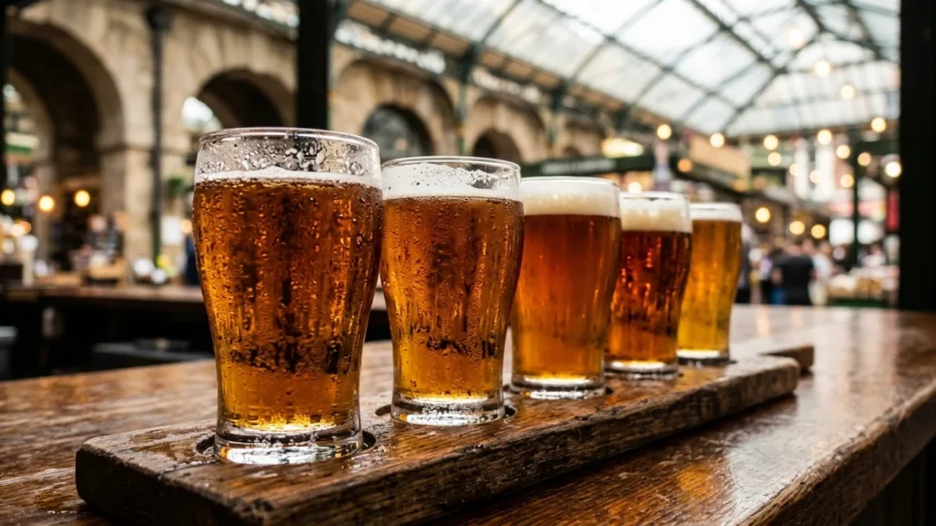 A wooden flight board holding five sweating glasses of craft beer in a pub.