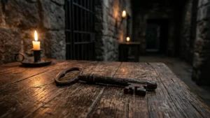 An old, rusty metal key rests on a wooden table in a dimly lit dungeon.