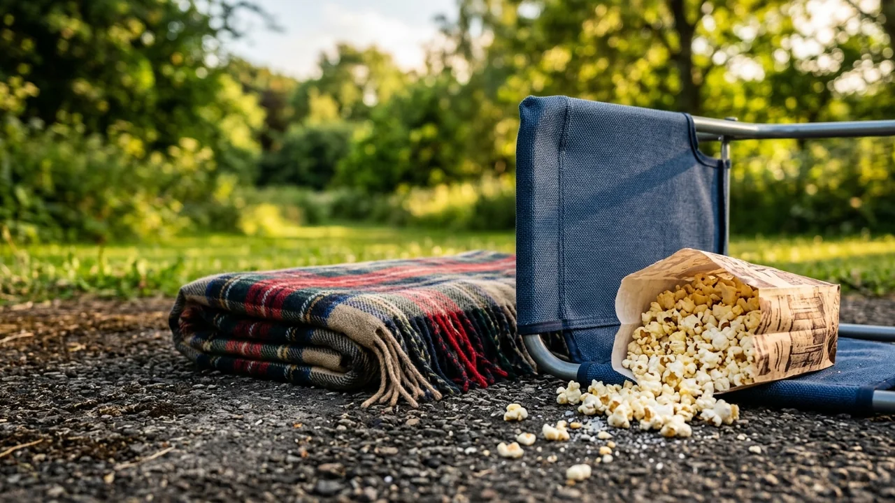 A blue folding chair and a folded plaid blanket sit on asphalt with spilled popcorn.