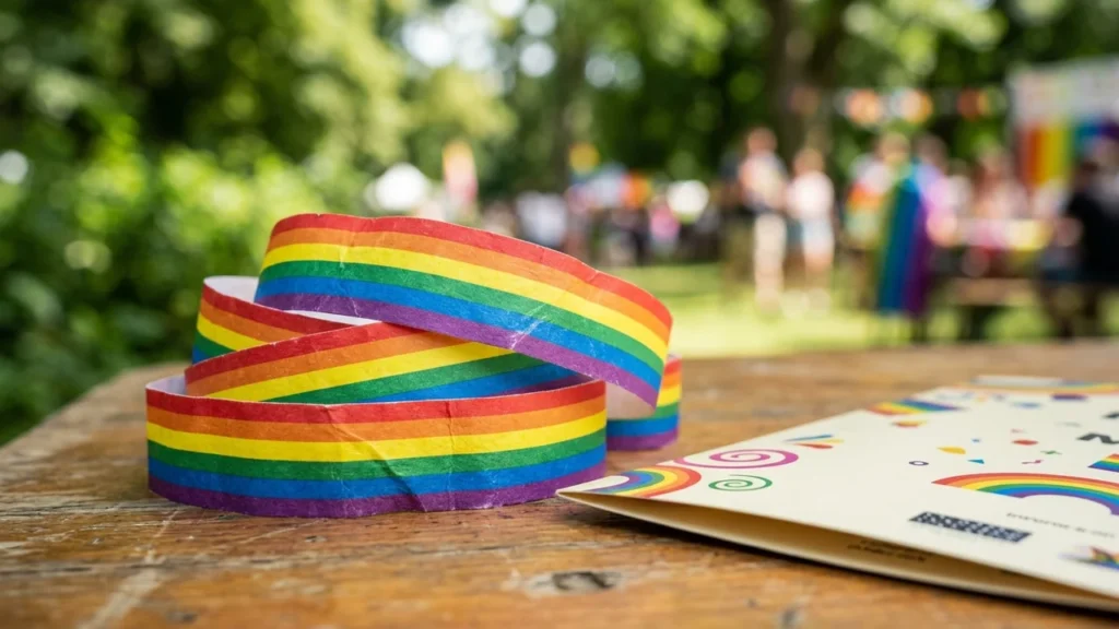 A coiled rainbow-colored pride wristband sits on a wooden table outdoors during daytime.