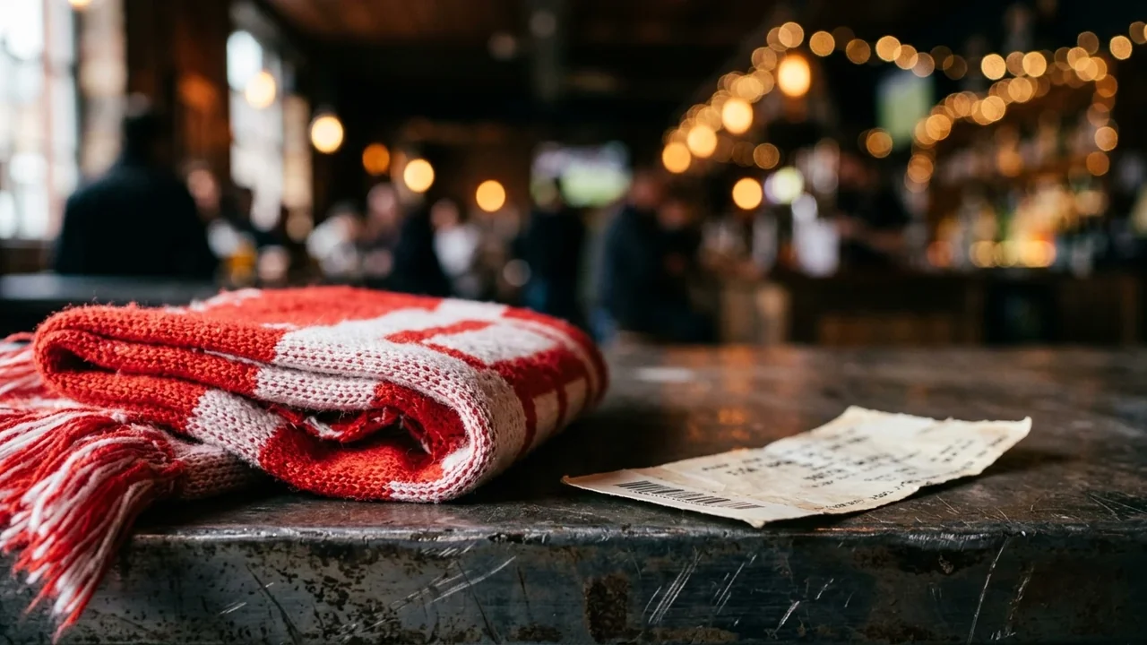 A red and white knitted scarf and a match ticket lie on a bar.