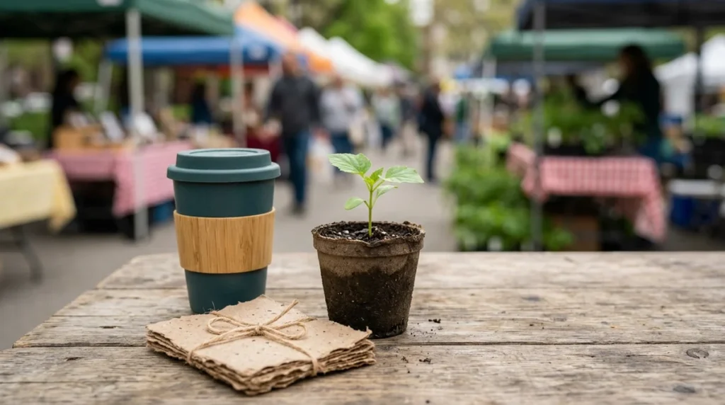 A reusable coffee cup, a small seedling pot, and tied paper on wooden table.