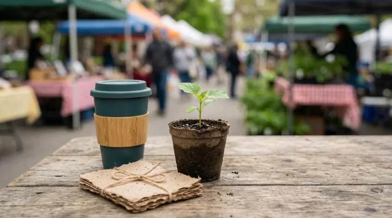 A reusable coffee cup, a small seedling pot, and tied paper on wooden table.