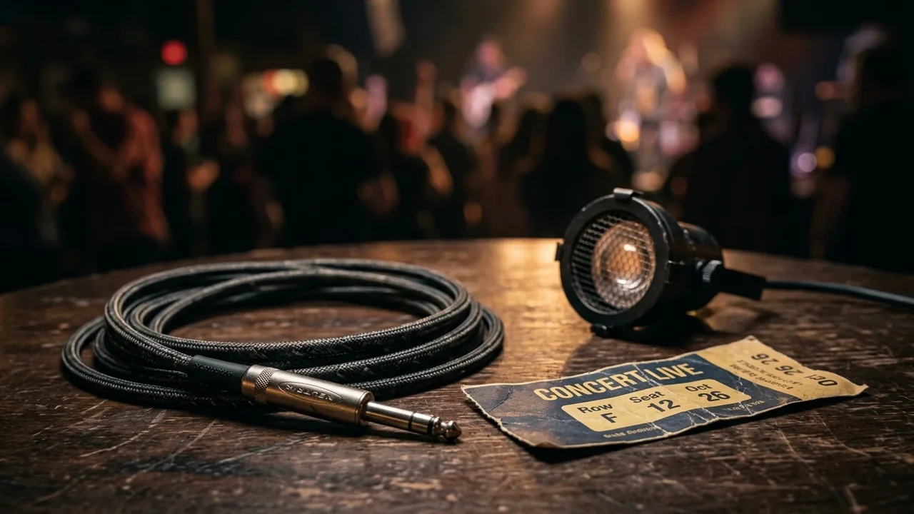 A coiled audio cable, a spotlight, and a concert ticket sit on a wooden table.