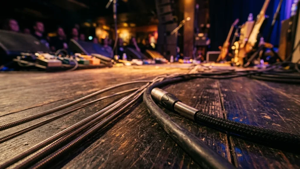 Close up of black audio cables on a weathered wooden concert stage floor.